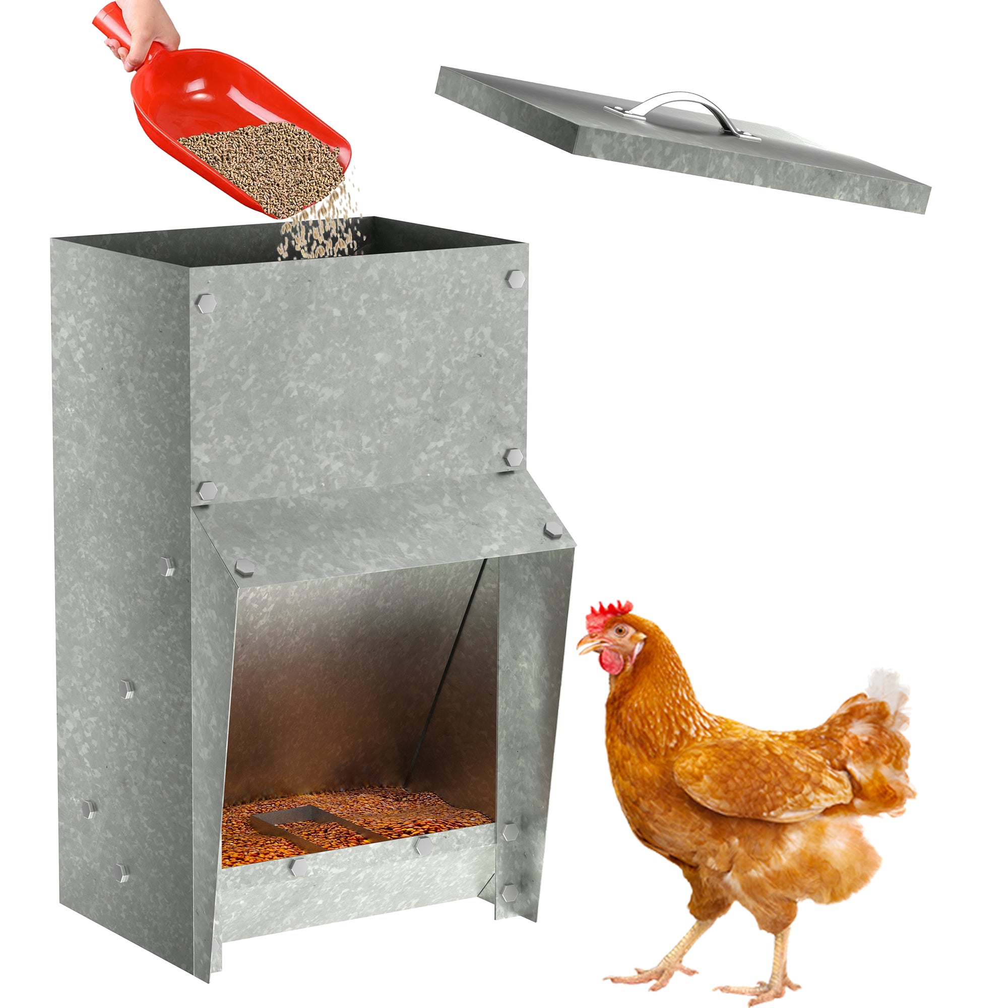 Metal Chicken Feeder Galvanized Steel Chicken Feeder Weatherproof. Hanging. Covered. Automatic Chicken Feeder. Chicken Coop Food Dispenser.